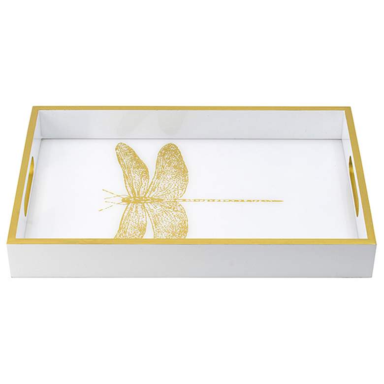 Image 1 15.7" White and Gold Rectangular Dragonfly Tray