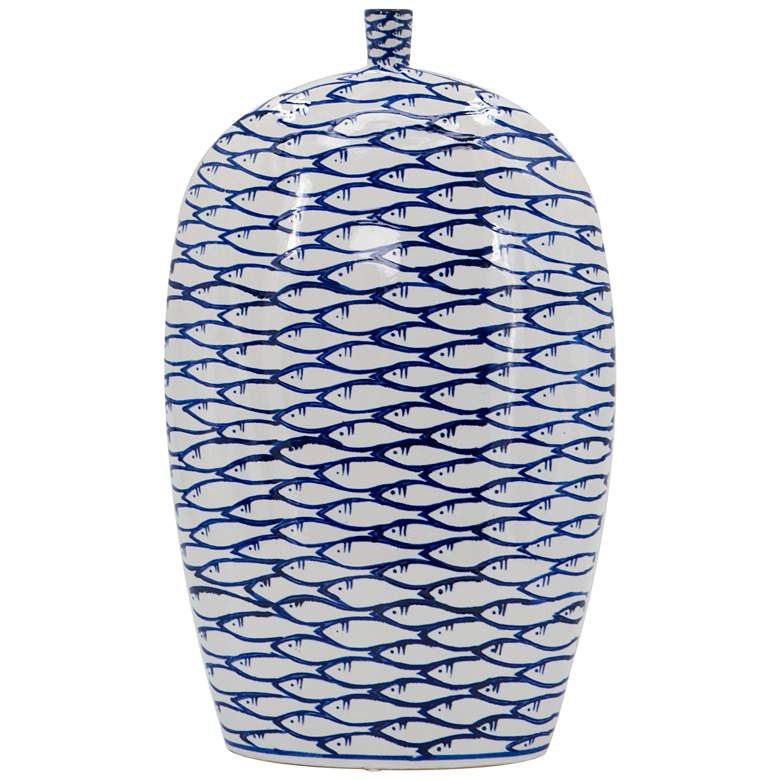 Image 1 15.9" Blue and White Hand Painted Vase w/ Fish Pattern