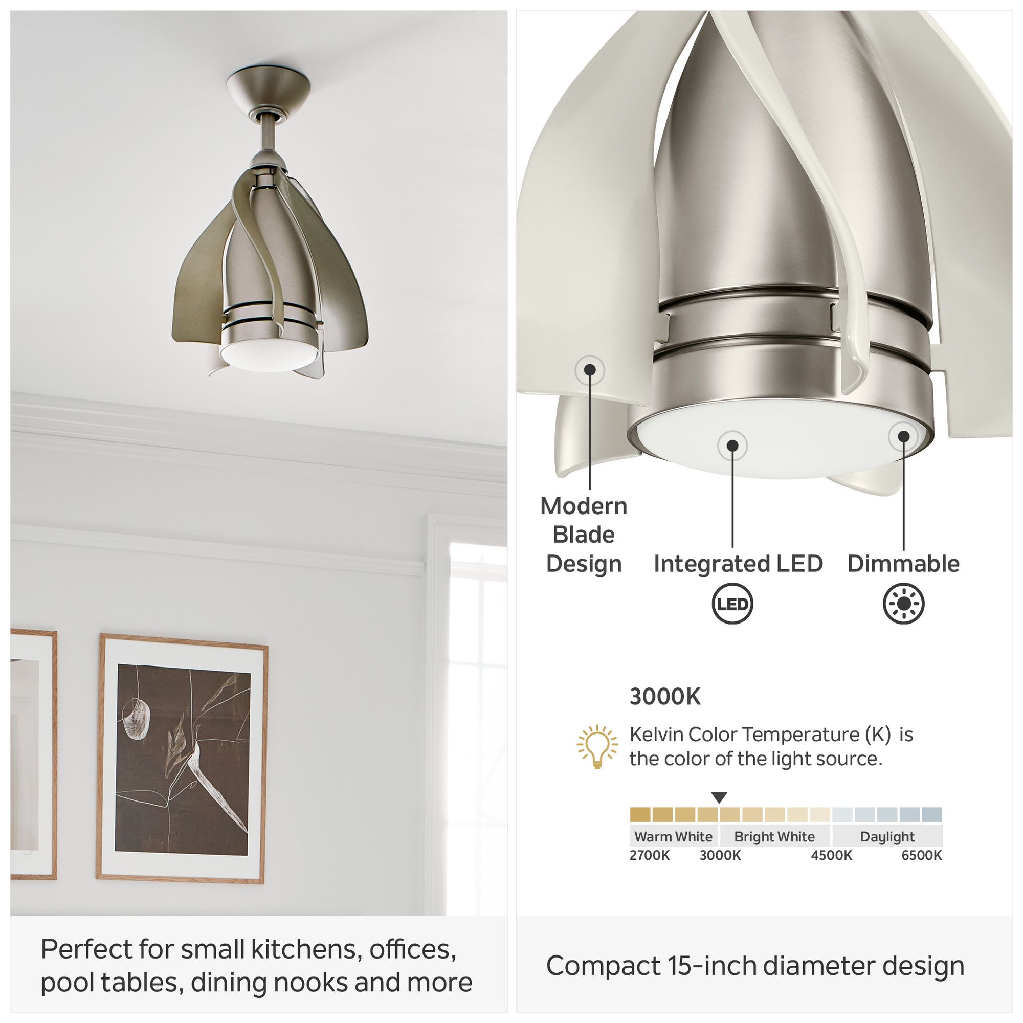 15" Kichler Terna Brushed Nickel LED Ceiling Fan in scene