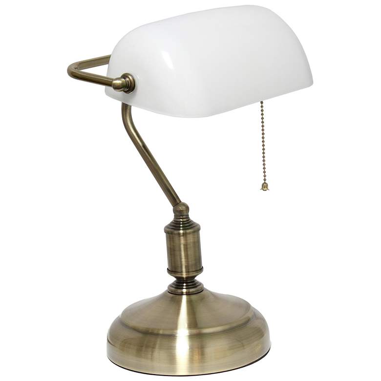 Image 1 15" Timeless Antique Nickel Bankers Table Lamp, White Shade