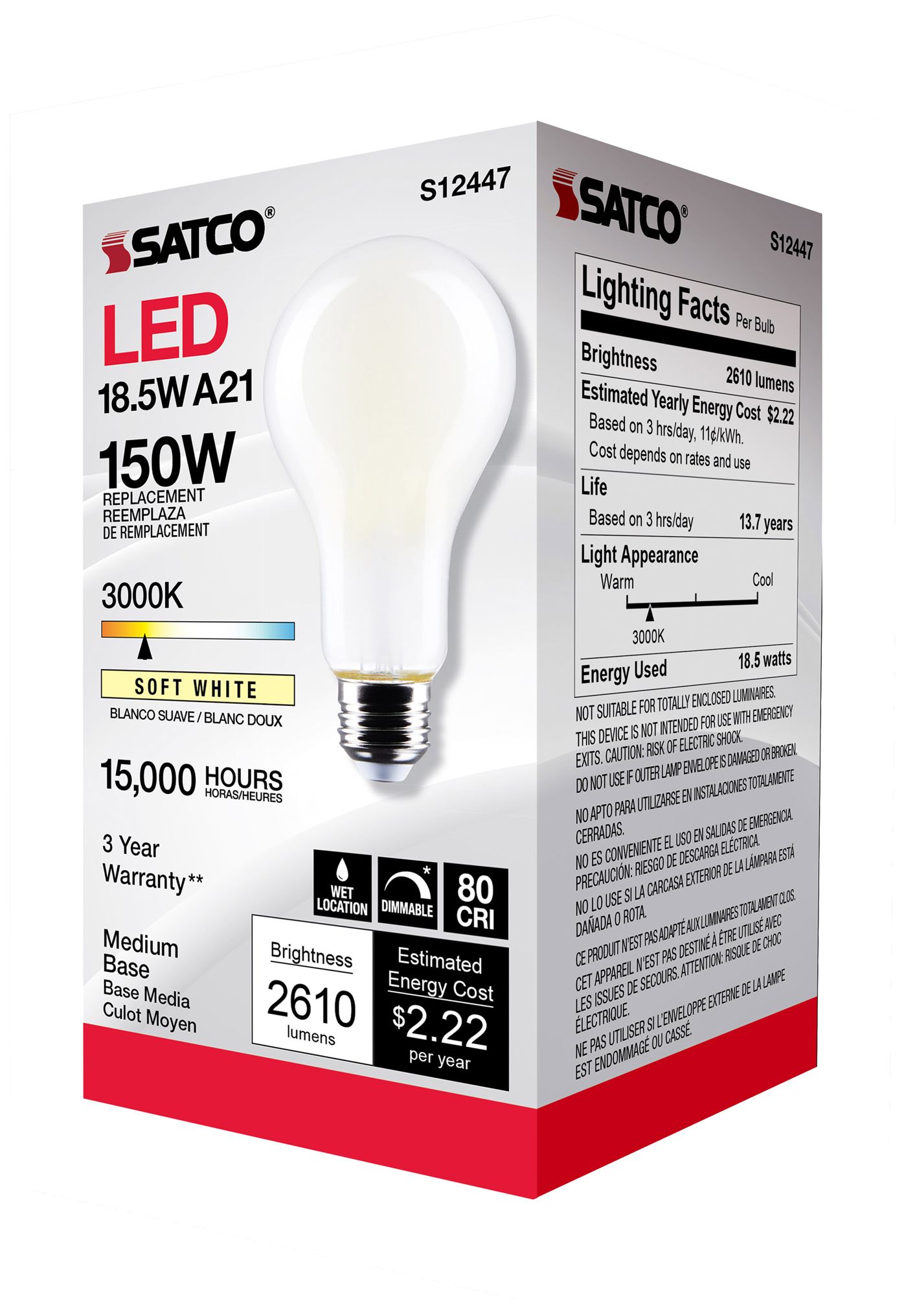 150W Equivalent Satco Frost 18.5W LED Dimmable Standard A21 6-Pack
