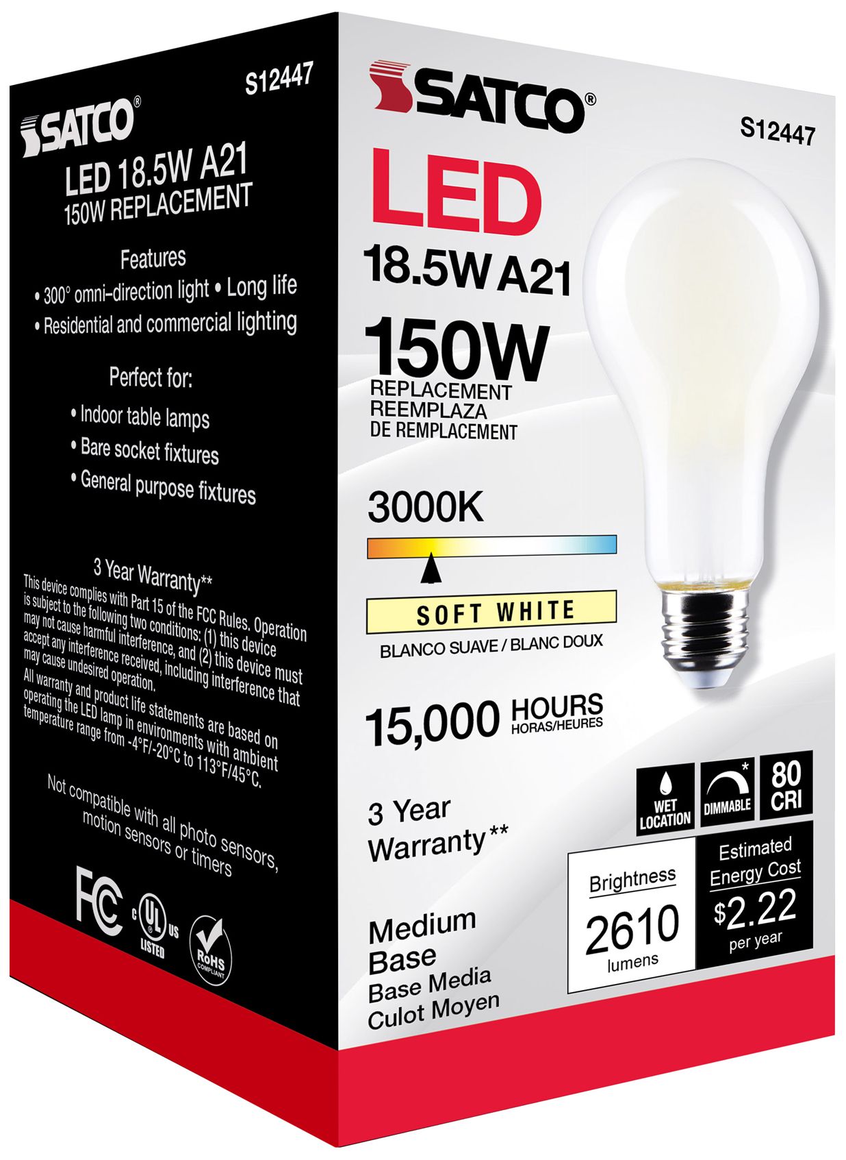 150W Equivalent Satco Frost 18.5W LED Dimmable Standard A21 6-Pack