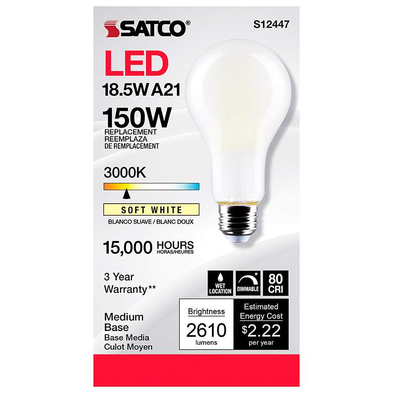 Image 4 150W Equivalent Satco Frost 18.5W LED Dimmable Standard Bulb more views