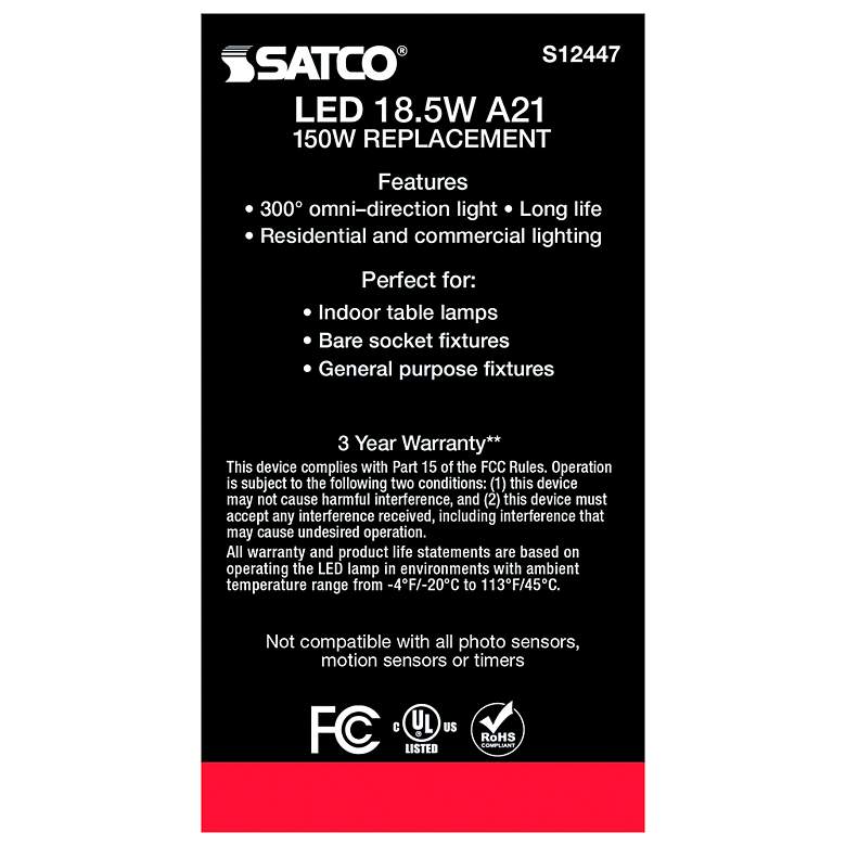 Image 6 150W Equivalent Satco Frost 18.5W LED Dimmable Standard Bulb more views