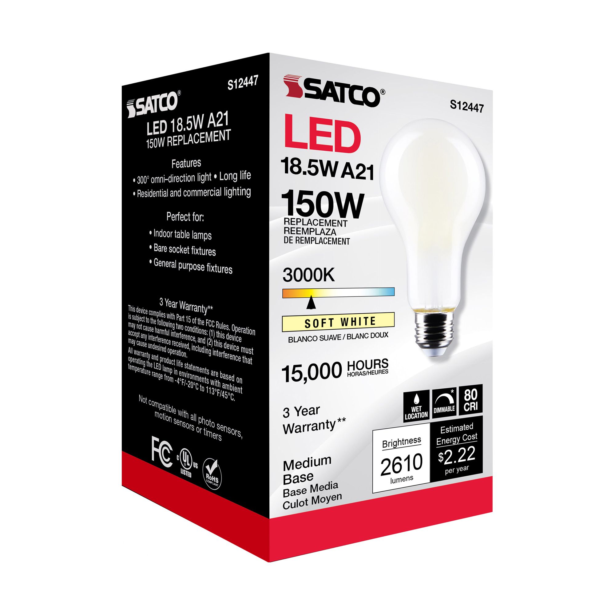 150W Equivalent Satco Frost 18.5W LED Dimmable Standard Bulb in scene