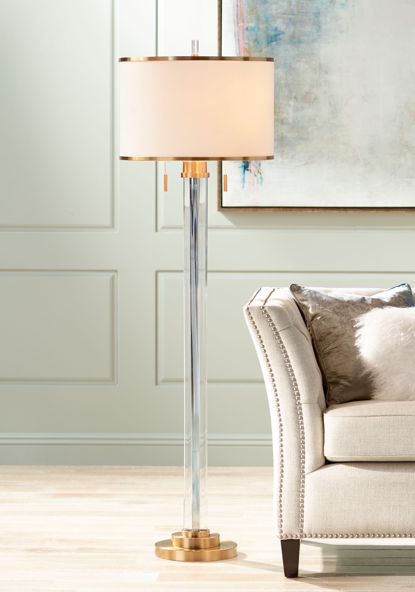 Possini Euro Cadence 62" Satin Brass and Crystal Column Floor Lamp in scene