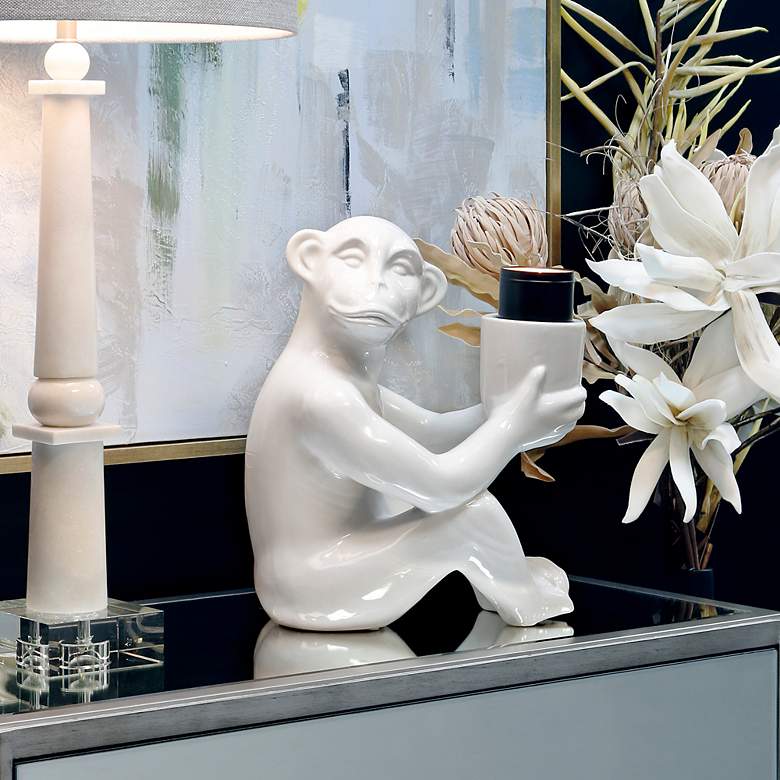 Image 1 16.15" High Chimp White Ceramic Candle Holder Statue