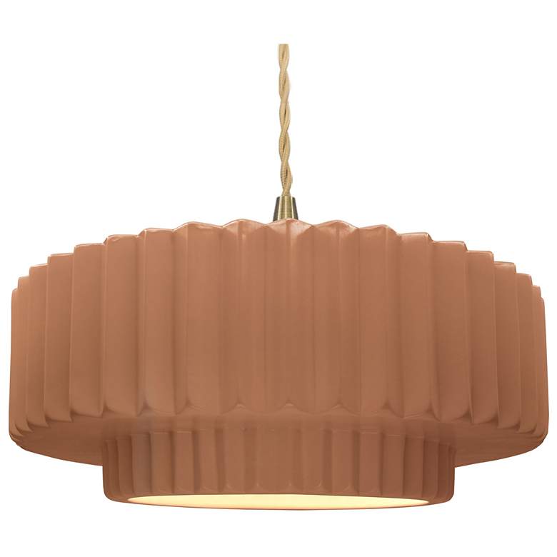 Image 1 16.25"W Adobe Frame Brushed Brass Large Tier Pleated Twisted LED Penda