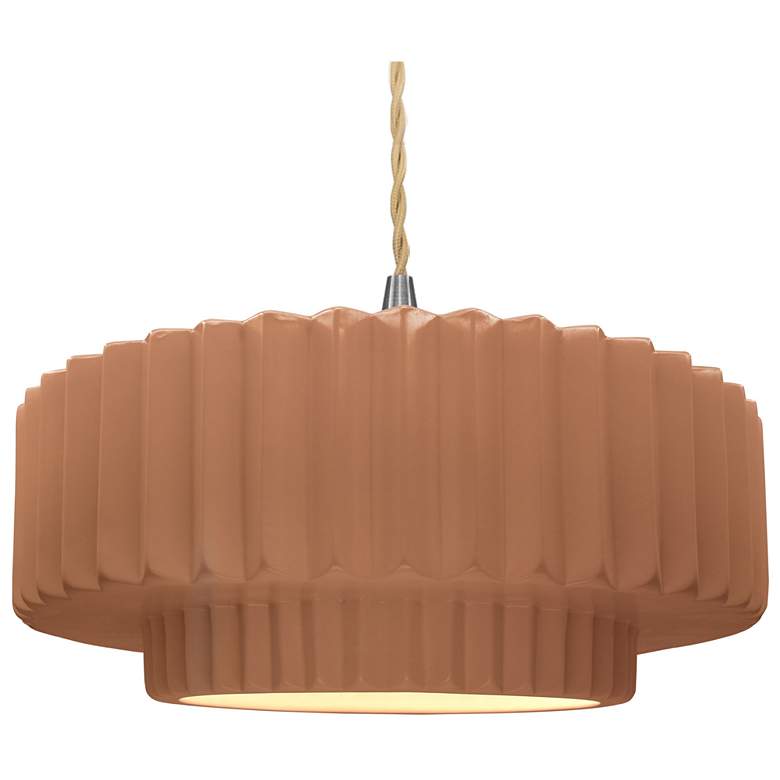Image 1 16.25"W Adobe Frame Nickel Large Tier Pleated Beige Twisted LED Pendan