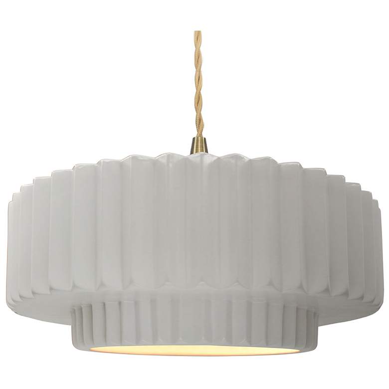 Image 1 16.25"W Bisque Frame Brushed Brass Large Tier Pleated Beige Twisted Pe