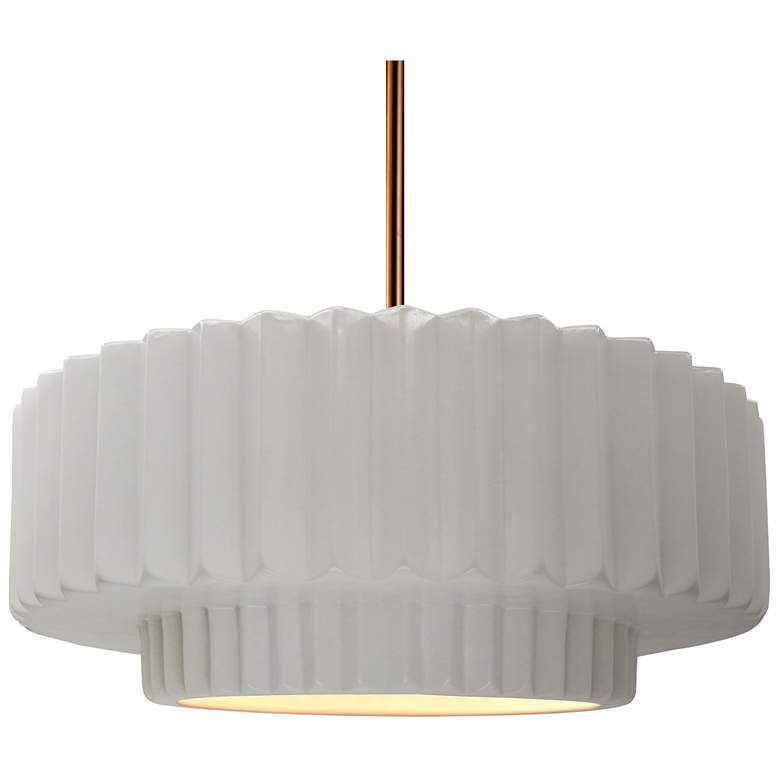 Image 1 16.25"W Bisque Frame Polished Brass Large Tier Pleated Stem LED Pendan