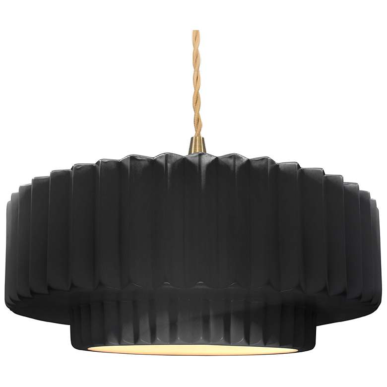 Image 1 16.25"W Black Frame Brushed Brass Large Tier Pleated Twisted LED Penda