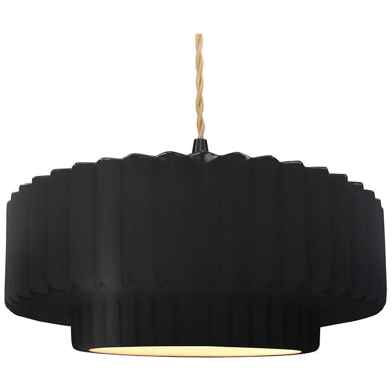 Image 1 16.25"W Carbon Frame Matte Black Large Tier Pleated Beige Twisted Pend