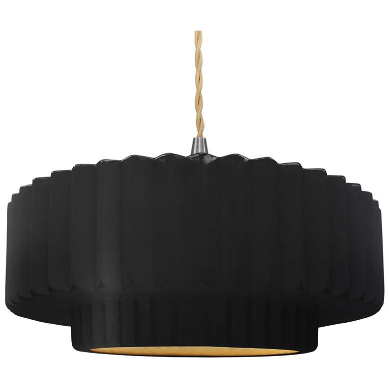 Image 1 16.25"W Carbon/Gold Frame Nickel Large Tier Pleated Beige Twisted Pend