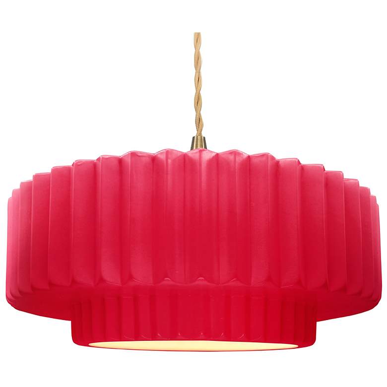 Image 1 16.25"W Cerise Frame Brushed Brass Large Tier Pleated Twisted LED Pend