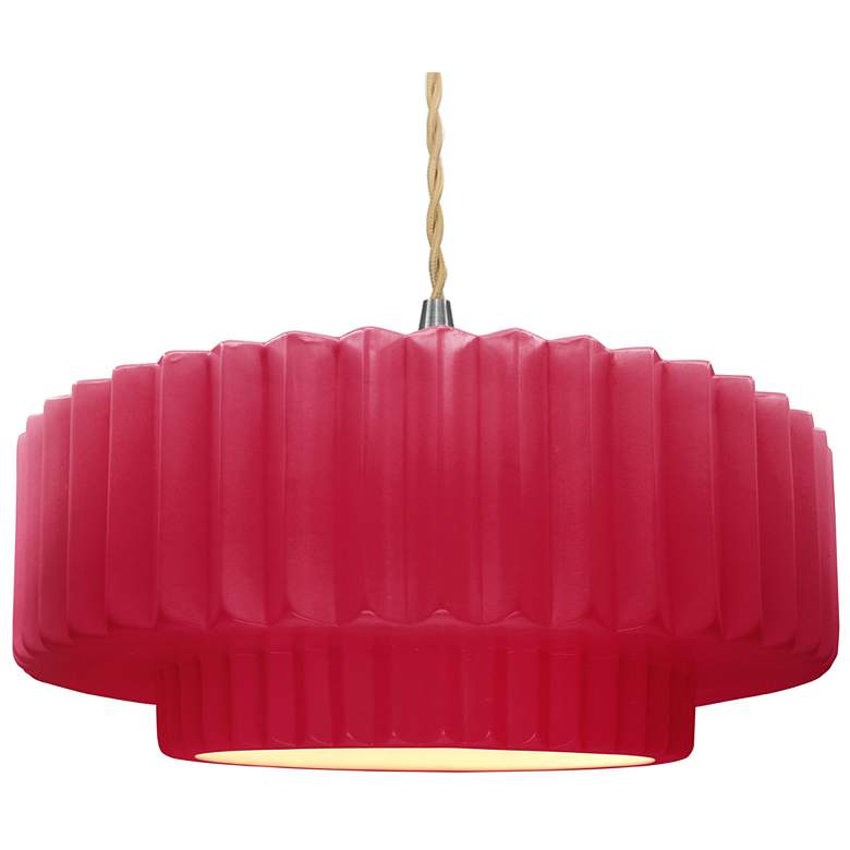 Image 1 16.25"W Cerise Frame Nickel Large Tier Pleated Beige Twisted Pendant