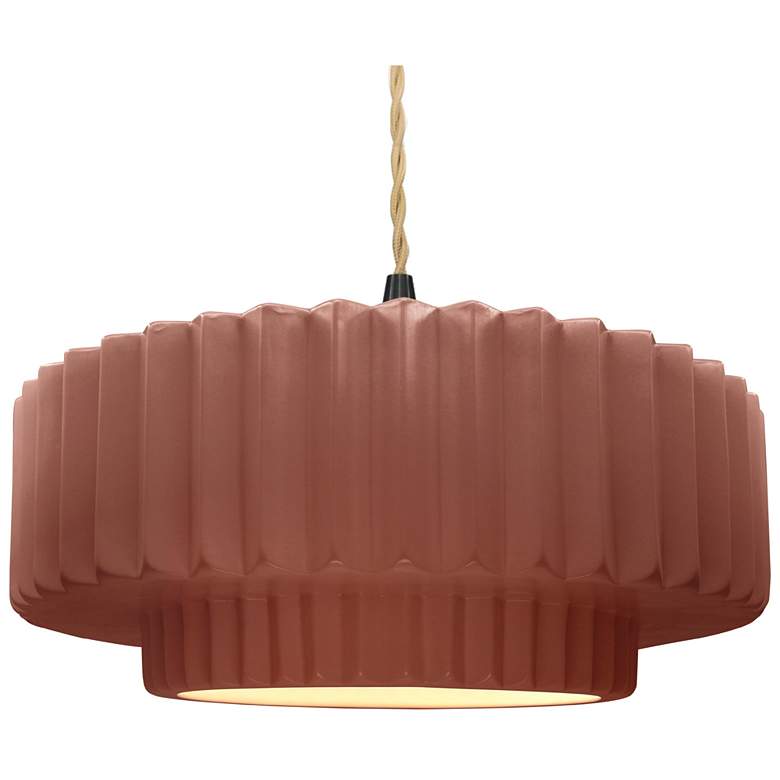Image 1 16.25"W Clay Frame Matte Black Large Tier Pleated Beige Twisted Pendan