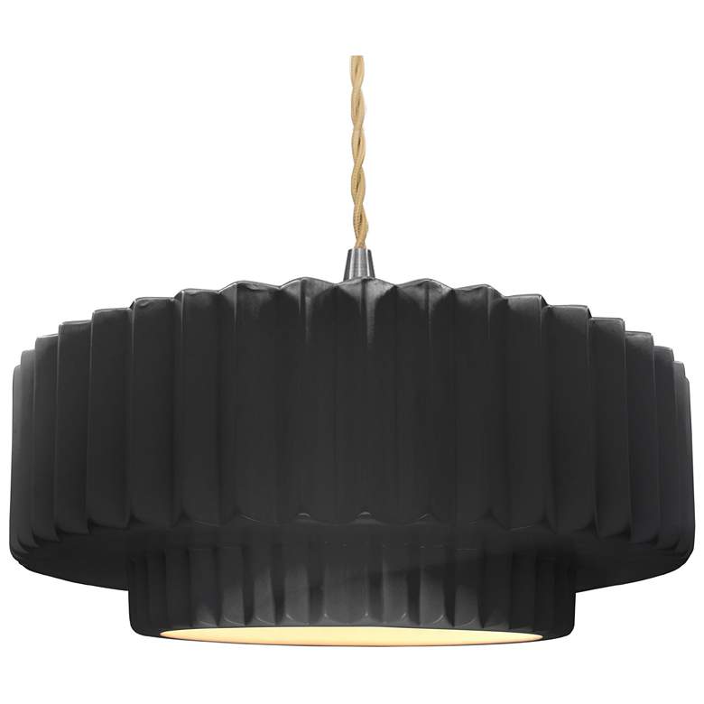 Image 1 16.25"W Gloss Black Frame Nickel Large Tier Pleated Twisted LED Pendan
