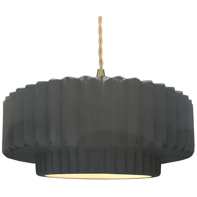 Image 1 16.25"W Grey Frame Brushed Brass Large Tier Pleated Beige Twisted Pend