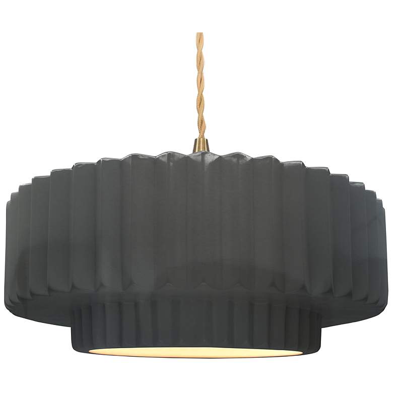 Image 1 16.25"W Grey Frame Brushed Brass Large Tier Pleated Twisted LED Pendan