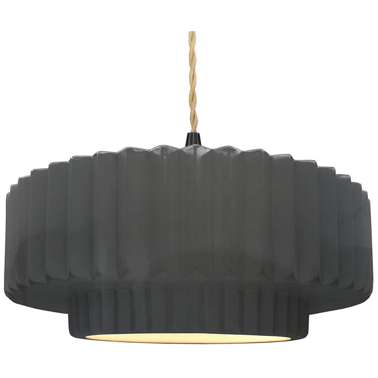 Image 1 16.25"W Grey Frame Matte Black Large Tier Pleated Beige Twisted Pendan