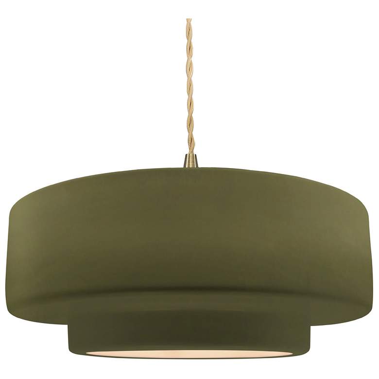Image 1 16.25"W Matte Green Frame Brushed Brass Large Tier Twisted LED Pendant