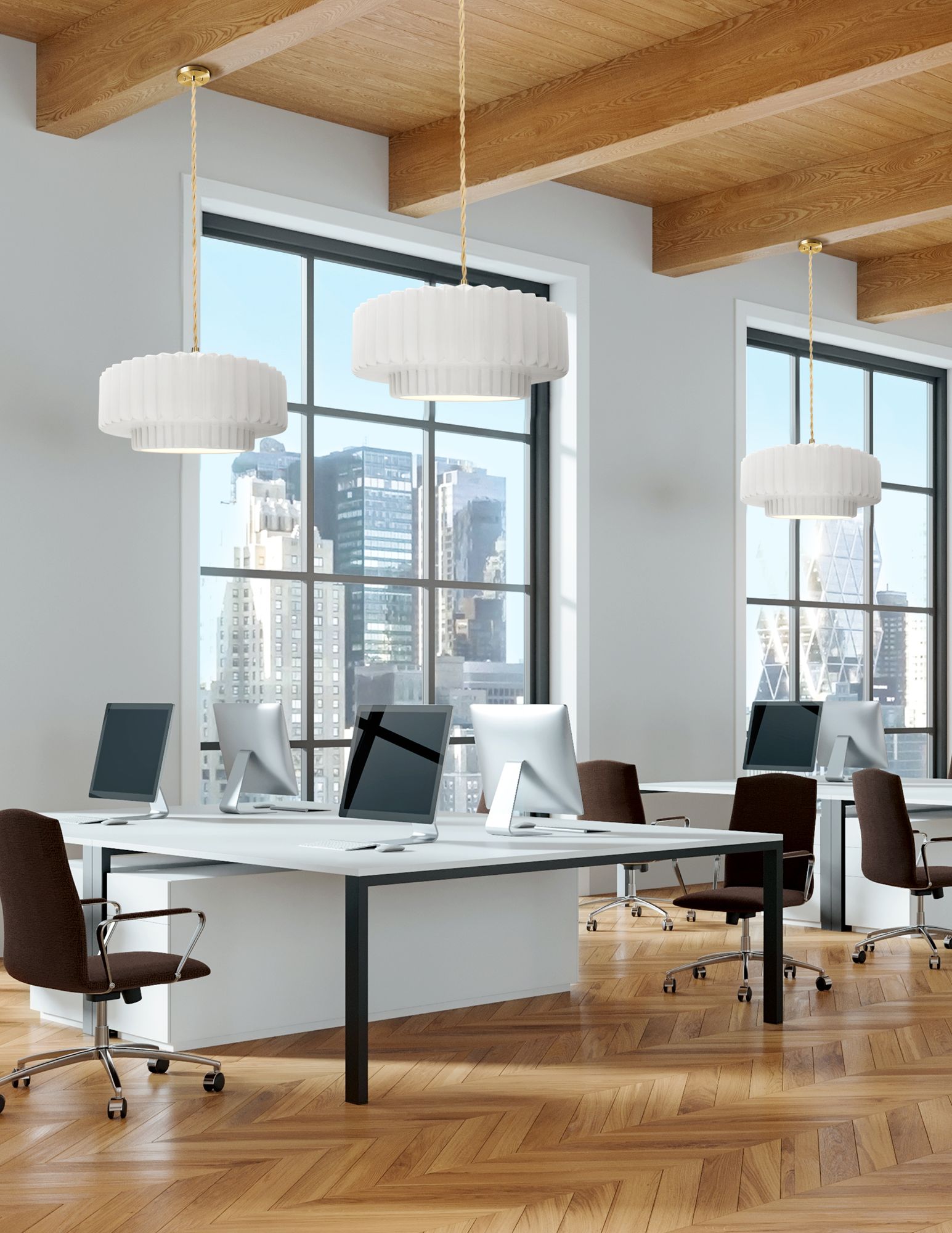 Image 3 16.25"W Matte White Frame Brushed Brass Large Tier Pleated Twisted Pen more views