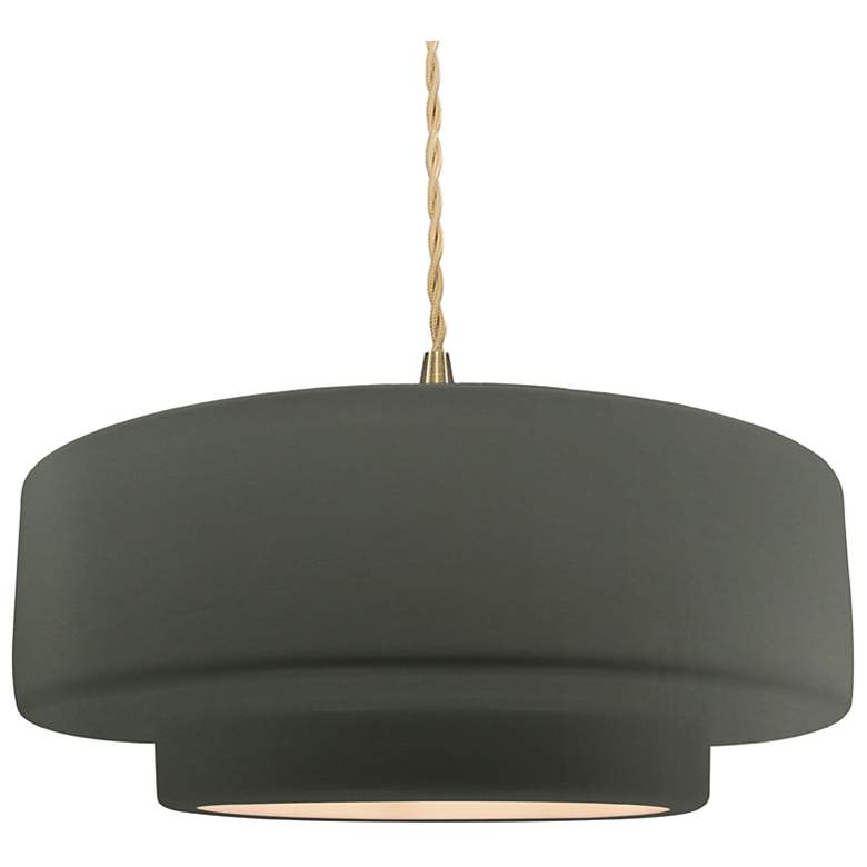 Image 1 16.25"W Pewter Green Frame Brushed Brass Large Tier Beige Twisted Pend