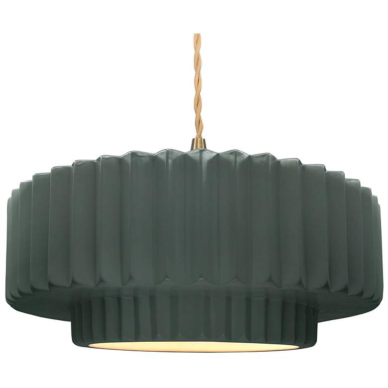 Image 1 16.25"W Pewter Green Frame Brushed Brass Large Tier Pleated Twisted Pe
