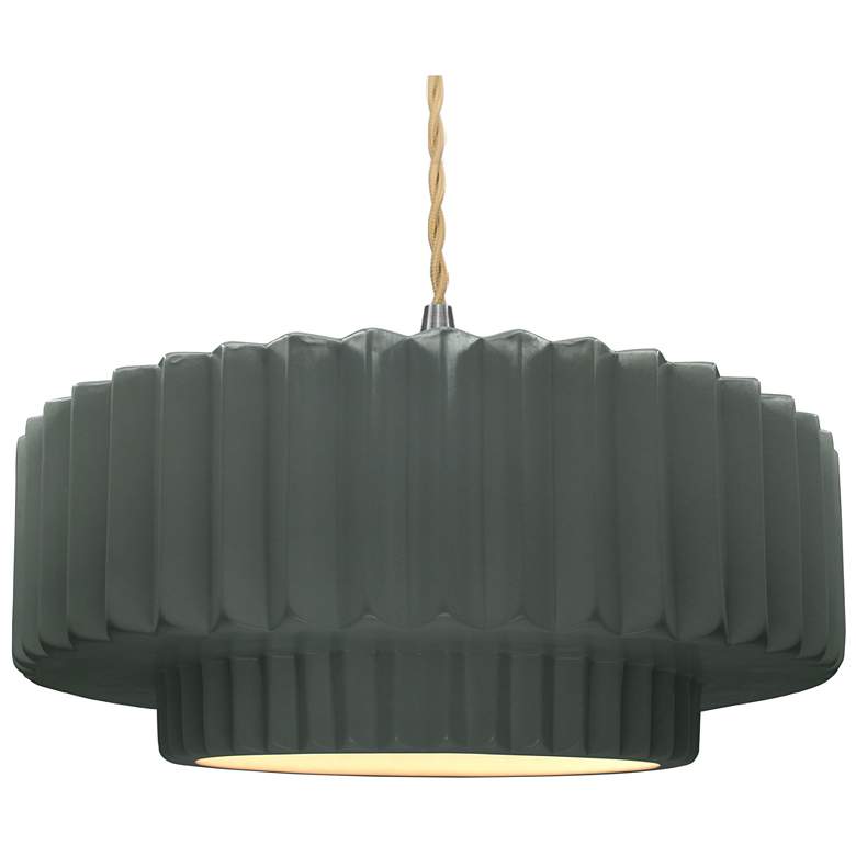 Image 1 16.25"W Pewter Green Frame Nickel Large Tier Pleated Twisted LED Penda