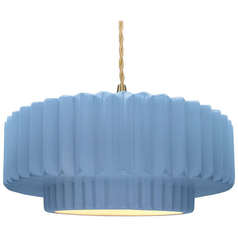 Image 1 16.25"W Sky Blue Frame Brushed Brass Large Tier Pleated Twisted LED Pe