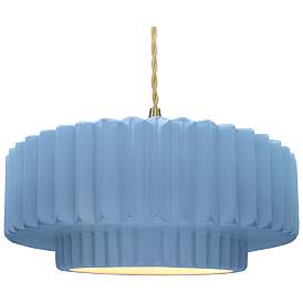 Image1 of 16.25"W Sky Blue Frame Brushed Brass Large Tier Pleated Twisted Pendan