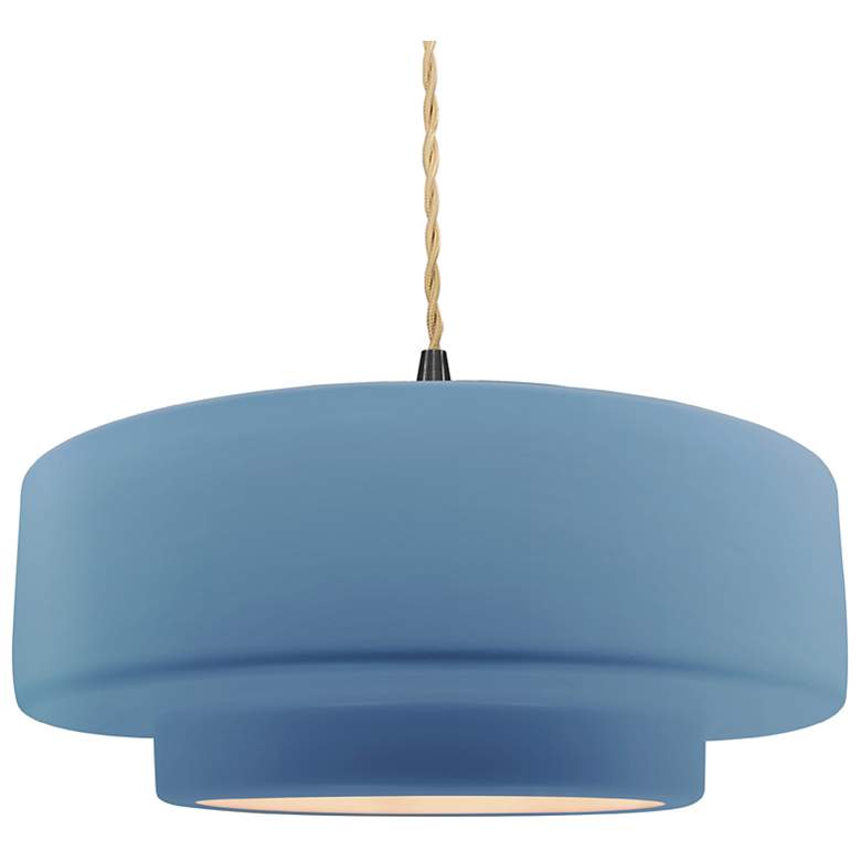 Image 1 16.25"W Sky Blue Frame Matte Black Large Tier Beige Twisted Pendant
