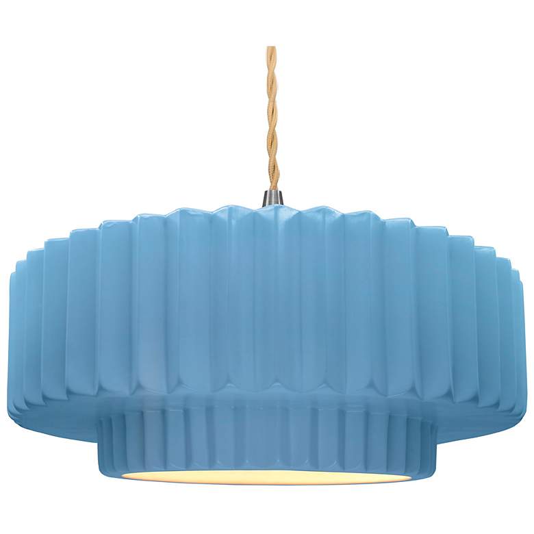 Image 1 16.25"W Sky Blue Frame Nickel Large Tier Pleated Beige Twisted LED Pen