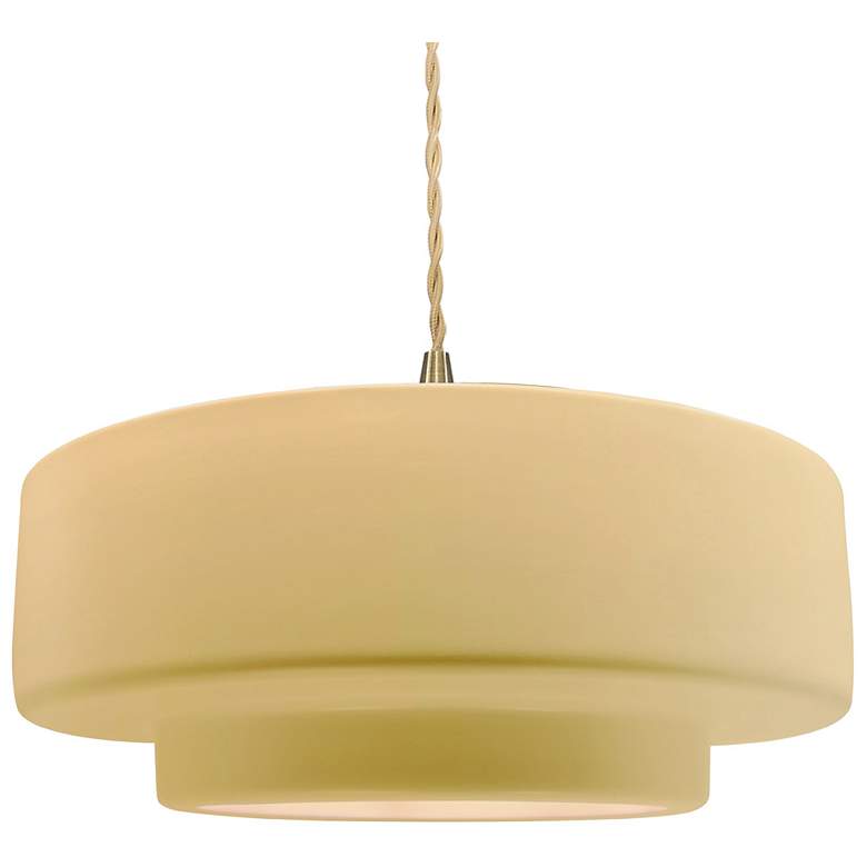 Image 1 16.25"W Yellow Frame Brushed Brass Large Tier Beige Twisted LED Pendan