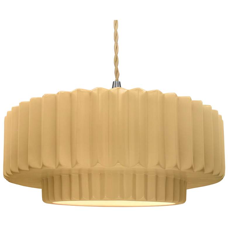Image 1 16.25"W Yellow Frame Nickel Large Tier Pleated Beige Twisted LED Penda