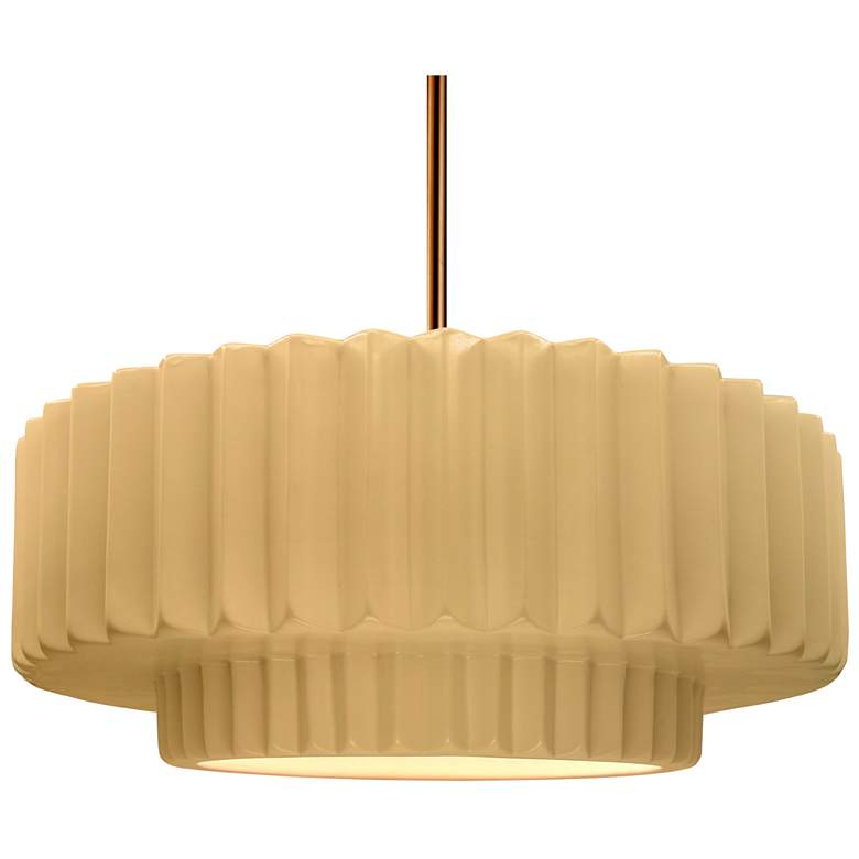 Image 1 16.25"W Yellow Frame Polished Brass Large Tier Pleated Stem LED Pendan