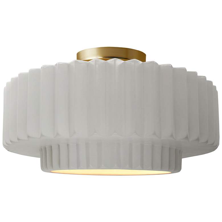 Image 1 16.5"W Bisque Frame Brushed Brass Large Tier Pleated LED Semi.Flush