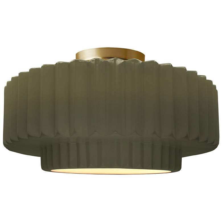 Image 1 16.5"W Matte Green Frame Brushed Brass Large Tier Pleated LED Semi.Flu