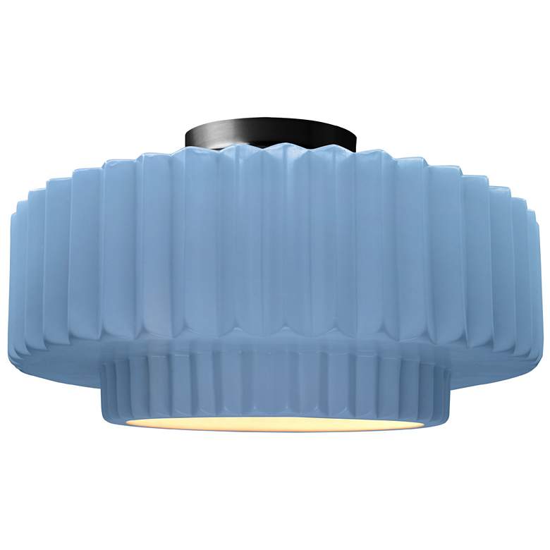 Image 1 16.5"W Sky Blue Frame Matte Black Large Tier Pleated LED Semi.Flush
