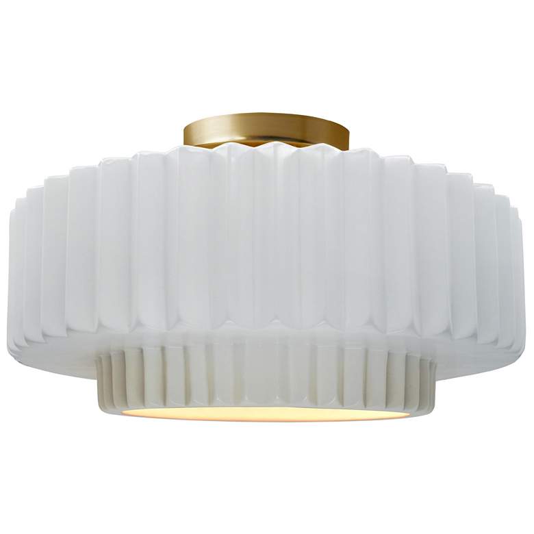 Image 1 16.5"W White Sided Frame Brushed Brass Large Tier Pleated LED Semi.Flu