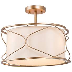 Image1 of 16" Wide 3-Light Brass and Fabric Drum Ceiling Light