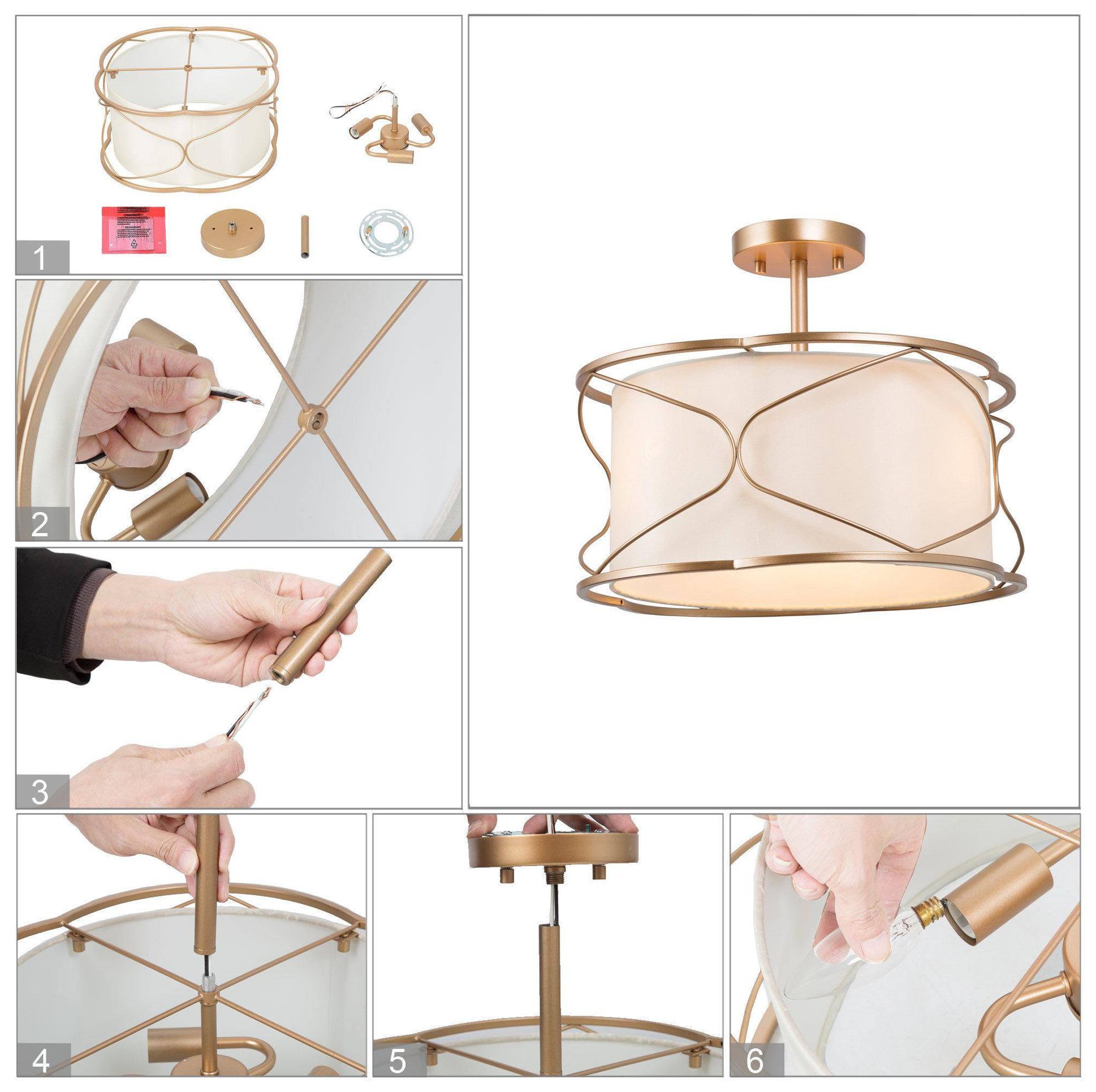 Image 7 16" Wide 3-Light Brass and Fabric Drum Ceiling Light more views