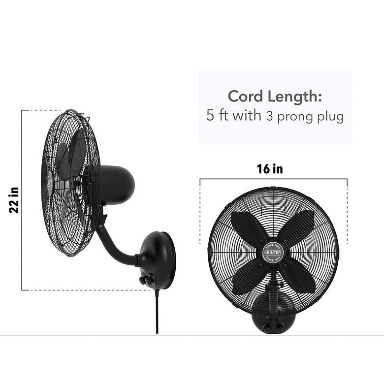 Image 6 16" Wide Hunter Oscillating Matte Black Wall Mounted Fan more views