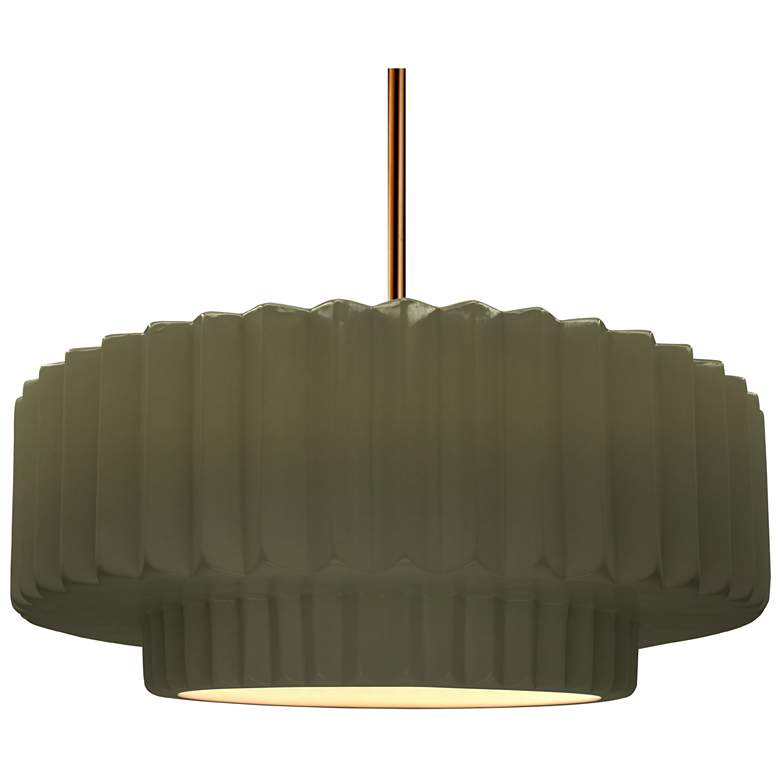 Image 1 16"W Matte Green Frame Polished Brass Large Tier Pleated Stem LED Pend