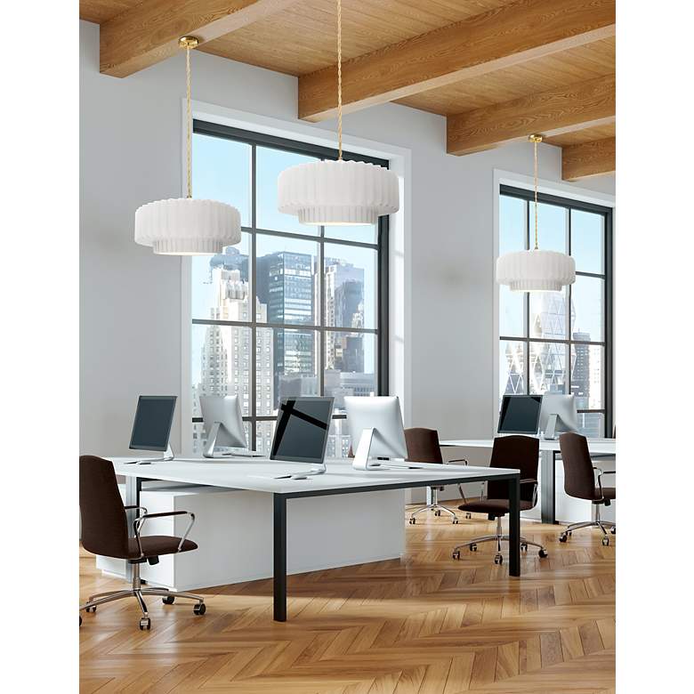 Image 3 16"W Matte White Frame Brushed Brass Large Tier Pleated Twisted LED Pe more views
