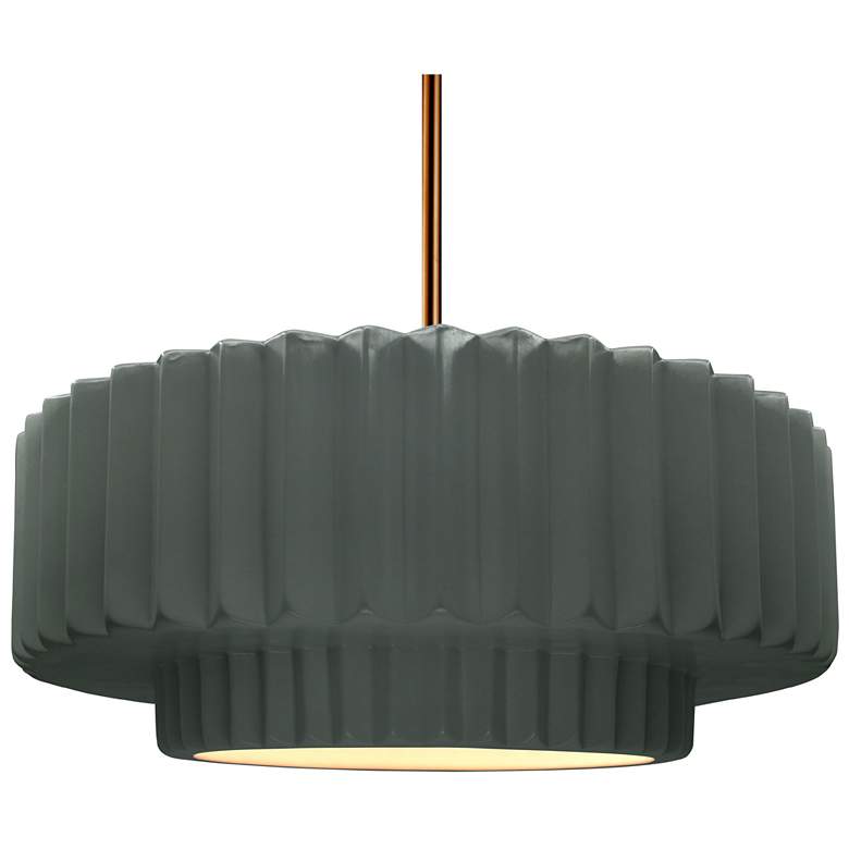 Image 1 16"W Pewter Green Frame Polished Brass Large Tier Pleated Stem LED Pen
