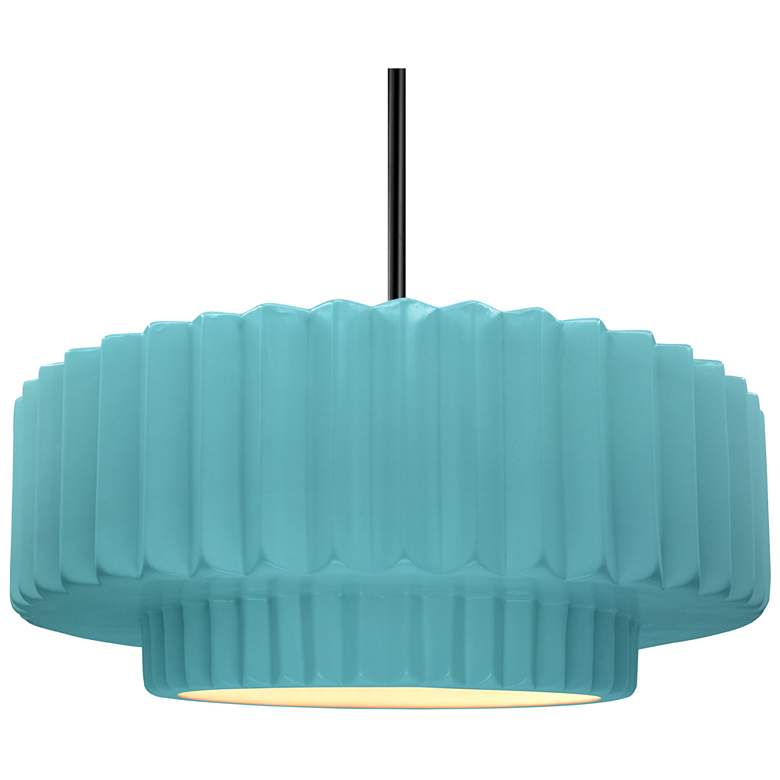 Image 1 16"W Pool Frame Matte Black Large Tier Pleated Stem LED Pendant