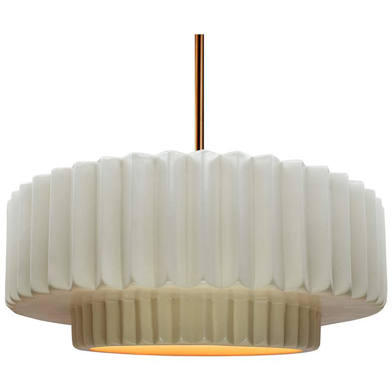 Image 1 16"W White/Gold Frame Polished Brass Large Tier Pleated Stem LED Penda