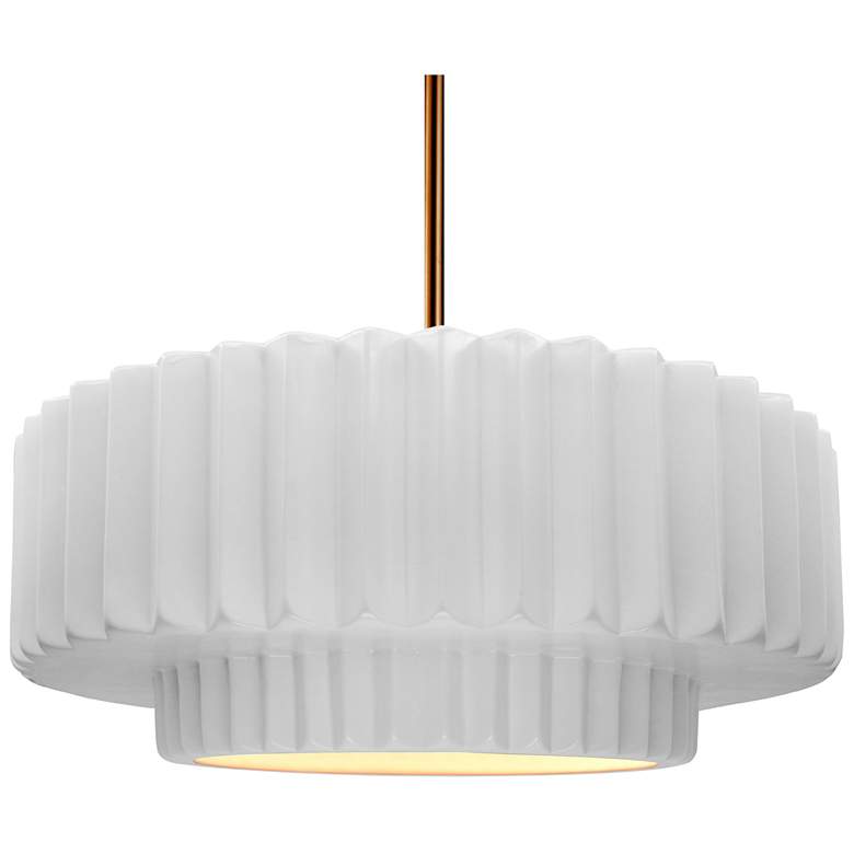 Image 1 16"W White Sided Frame Polished Brass Large Tier Pleated Stem LED Pend